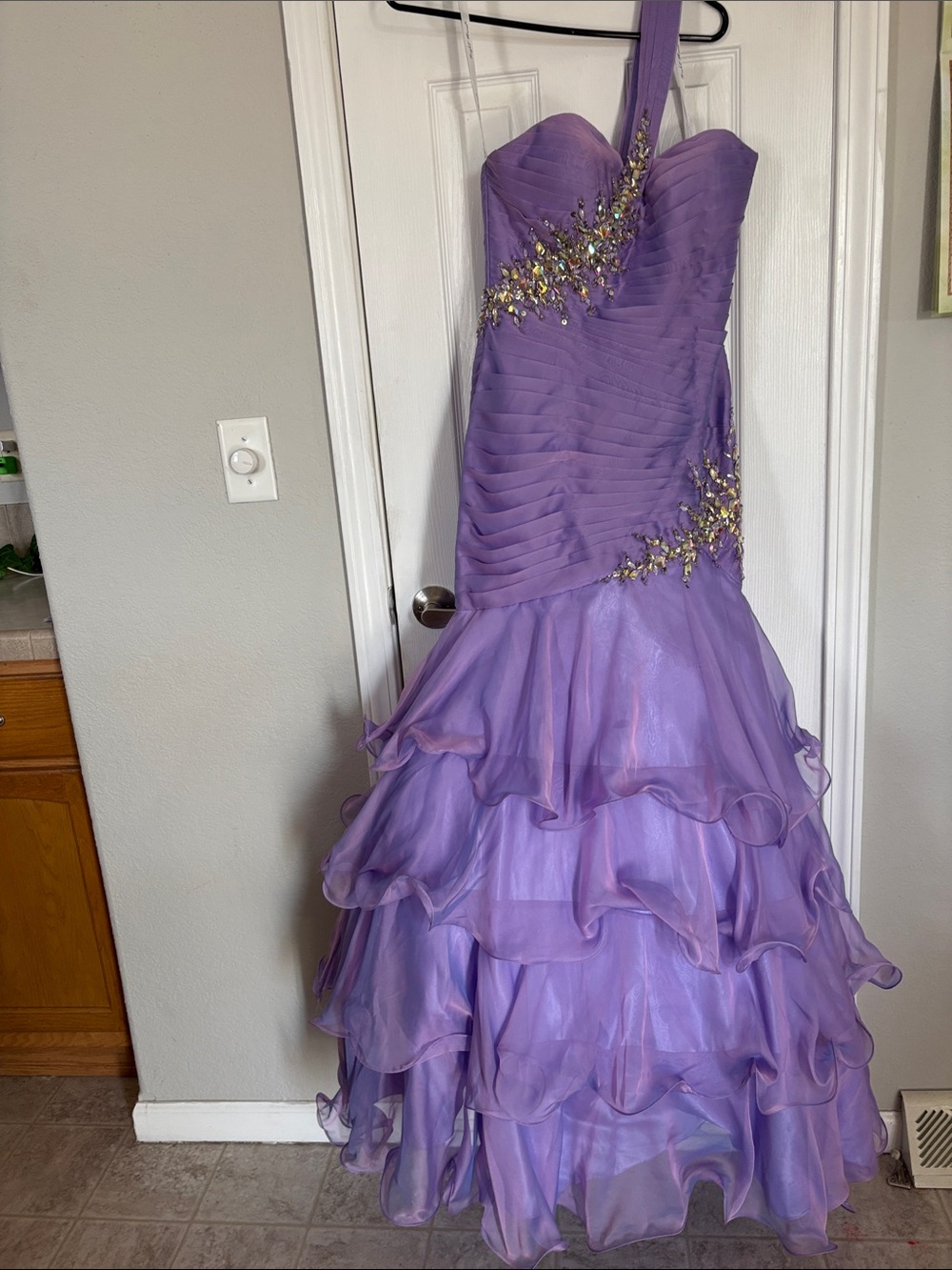 Night Moves Lilac One-Shoulder Ruffled Ball Gown with Gold Embellishment